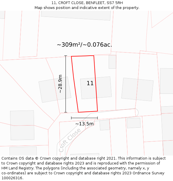 11, CROFT CLOSE, BENFLEET, SS7 5RH: Plot and title map