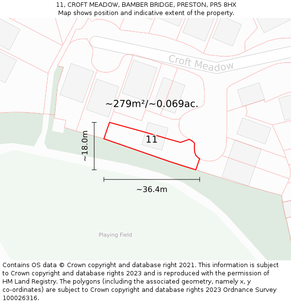 11, CROFT MEADOW, BAMBER BRIDGE, PRESTON, PR5 8HX: Plot and title map