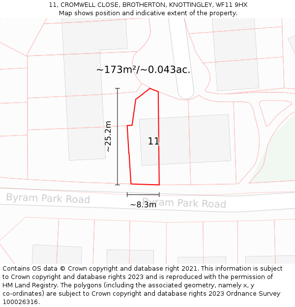 11, CROMWELL CLOSE, BROTHERTON, KNOTTINGLEY, WF11 9HX: Plot and title map