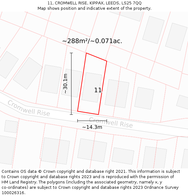 11, CROMWELL RISE, KIPPAX, LEEDS, LS25 7QQ: Plot and title map