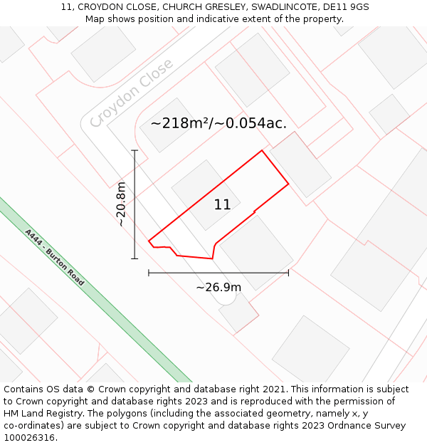 11, CROYDON CLOSE, CHURCH GRESLEY, SWADLINCOTE, DE11 9GS: Plot and title map