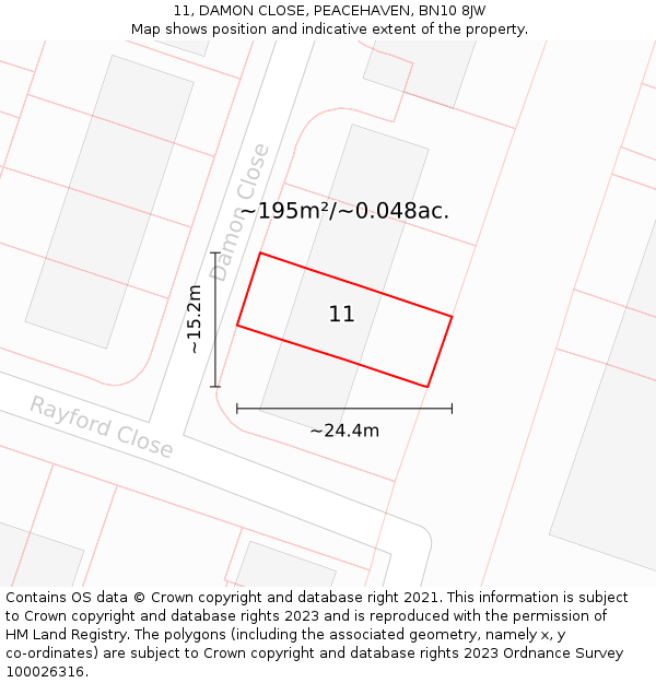 11, DAMON CLOSE, PEACEHAVEN, BN10 8JW: Plot and title map