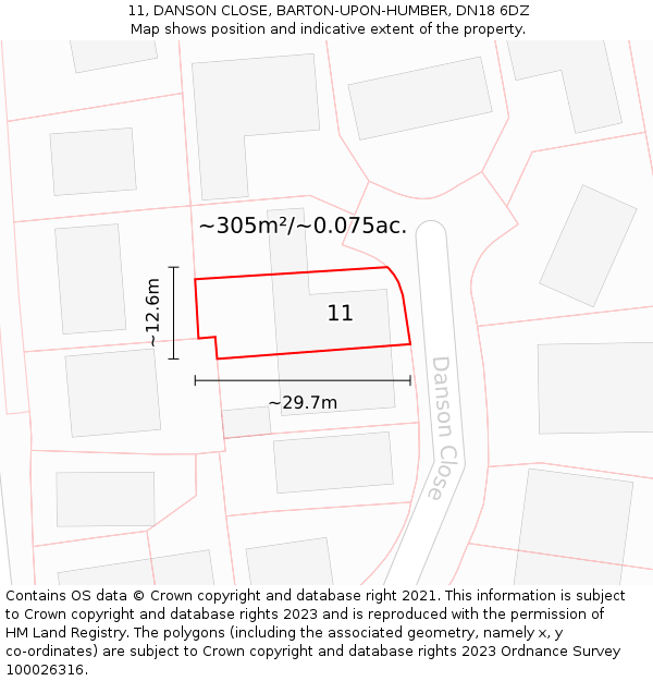 11, DANSON CLOSE, BARTON-UPON-HUMBER, DN18 6DZ: Plot and title map