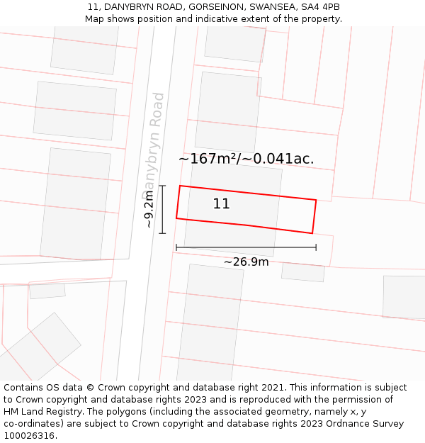 11, DANYBRYN ROAD, GORSEINON, SWANSEA, SA4 4PB: Plot and title map