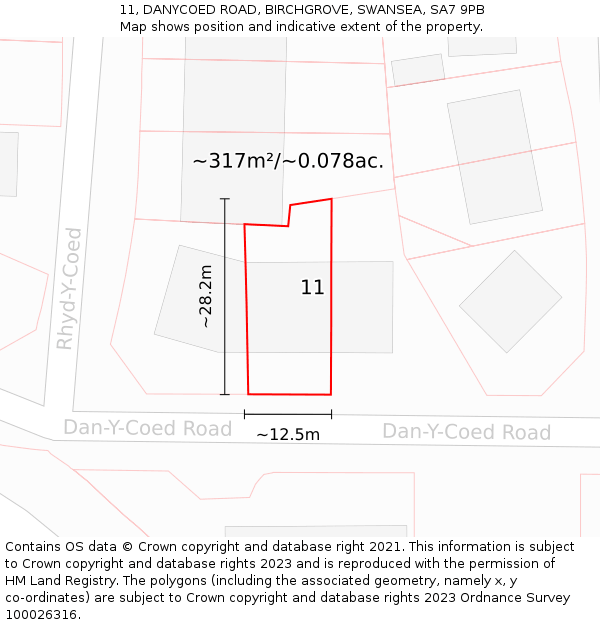 11, DANYCOED ROAD, BIRCHGROVE, SWANSEA, SA7 9PB: Plot and title map