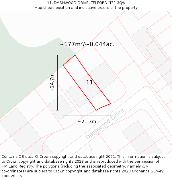 11, DASHWOOD DRIVE, TELFORD, TF1 3QW: Plot and title map