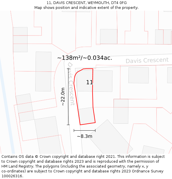 11, DAVIS CRESCENT, WEYMOUTH, DT4 0FG: Plot and title map