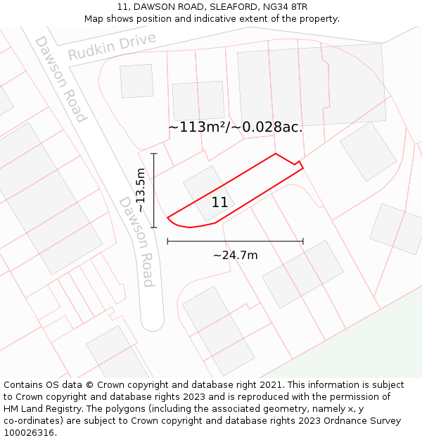 11, DAWSON ROAD, SLEAFORD, NG34 8TR: Plot and title map