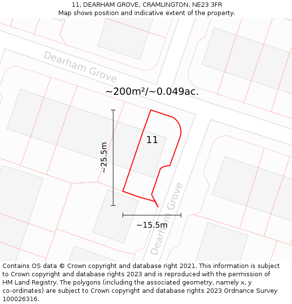11, DEARHAM GROVE, CRAMLINGTON, NE23 3FR: Plot and title map