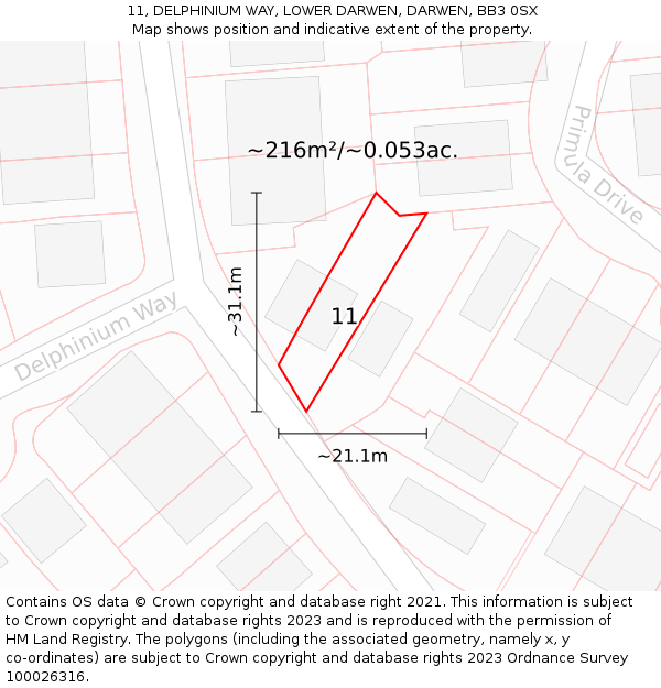 11, DELPHINIUM WAY, LOWER DARWEN, DARWEN, BB3 0SX: Plot and title map