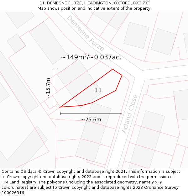 11, DEMESNE FURZE, HEADINGTON, OXFORD, OX3 7XF: Plot and title map