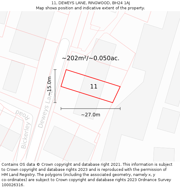 11, DEWEYS LANE, RINGWOOD, BH24 1AJ: Plot and title map