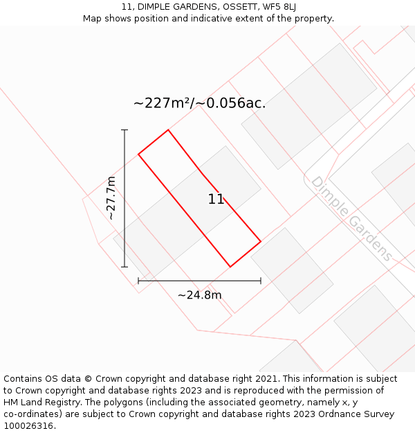 11, DIMPLE GARDENS, OSSETT, WF5 8LJ: Plot and title map