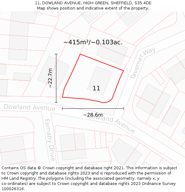 11, DOWLAND AVENUE, HIGH GREEN, SHEFFIELD, S35 4DE: Plot and title map