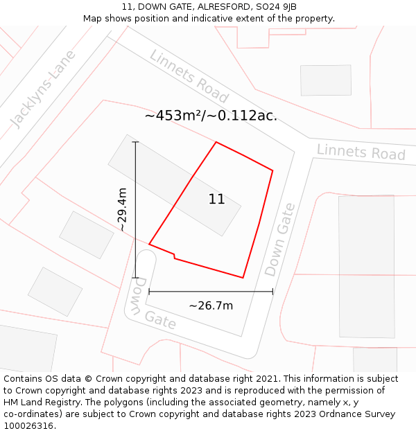 11, DOWN GATE, ALRESFORD, SO24 9JB: Plot and title map