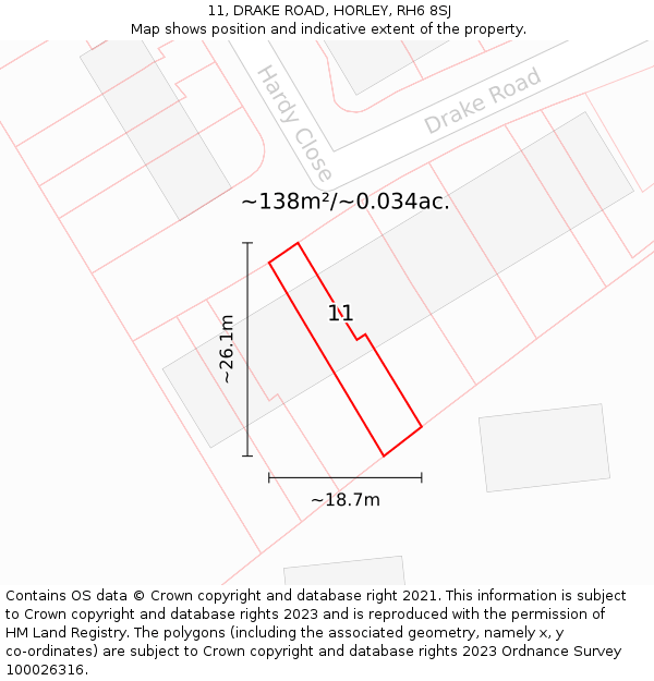 11, DRAKE ROAD, HORLEY, RH6 8SJ: Plot and title map