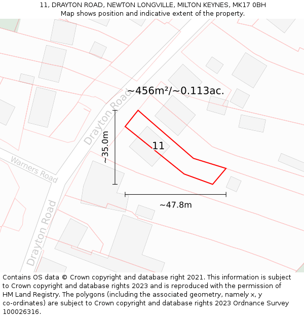 11, DRAYTON ROAD, NEWTON LONGVILLE, MILTON KEYNES, MK17 0BH: Plot and title map