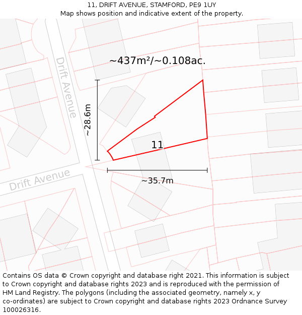 11, DRIFT AVENUE, STAMFORD, PE9 1UY: Plot and title map