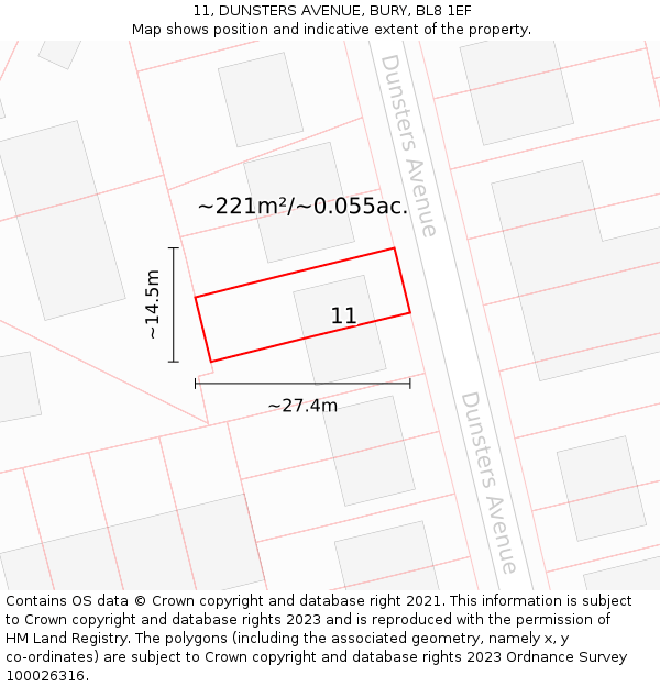 11, DUNSTERS AVENUE, BURY, BL8 1EF: Plot and title map