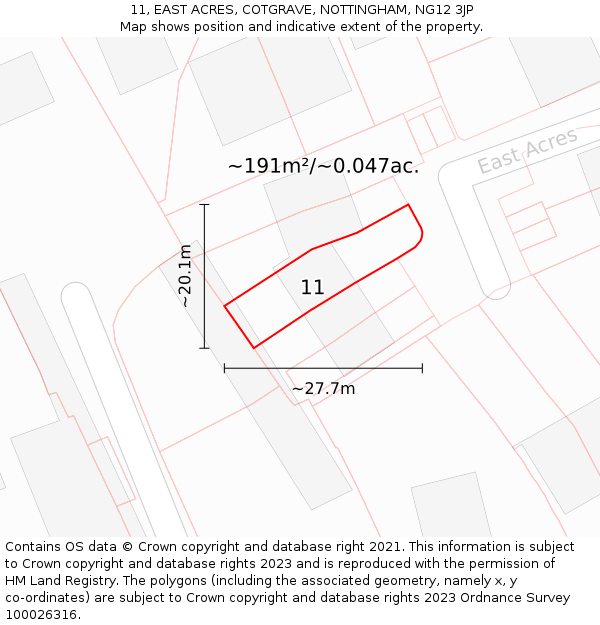 11, EAST ACRES, COTGRAVE, NOTTINGHAM, NG12 3JP: Plot and title map