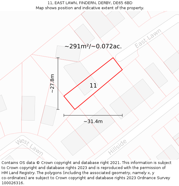 11, EAST LAWN, FINDERN, DERBY, DE65 6BD: Plot and title map