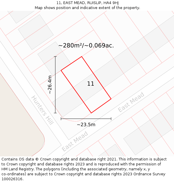 11, EAST MEAD, RUISLIP, HA4 9HJ: Plot and title map