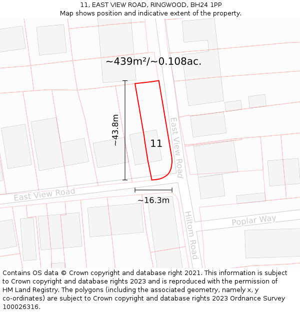 11, EAST VIEW ROAD, RINGWOOD, BH24 1PP: Plot and title map