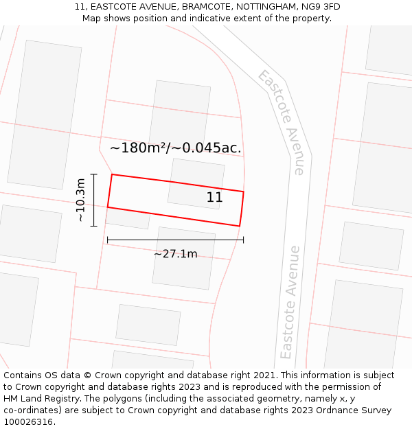 11, EASTCOTE AVENUE, BRAMCOTE, NOTTINGHAM, NG9 3FD: Plot and title map