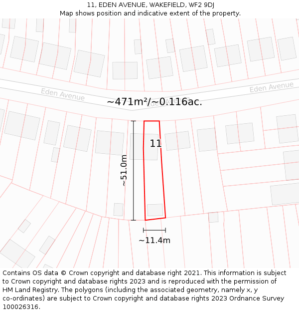 11, EDEN AVENUE, WAKEFIELD, WF2 9DJ: Plot and title map