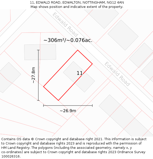 11, EDWALD ROAD, EDWALTON, NOTTINGHAM, NG12 4AN: Plot and title map