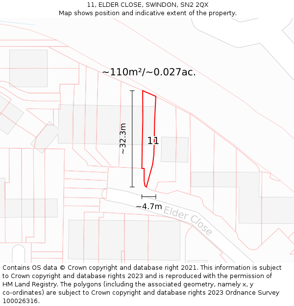 11, ELDER CLOSE, SWINDON, SN2 2QX: Plot and title map