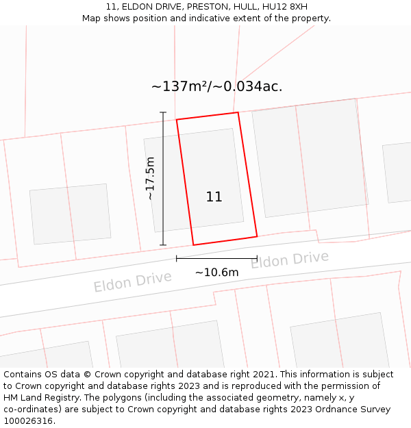 11, ELDON DRIVE, PRESTON, HULL, HU12 8XH: Plot and title map