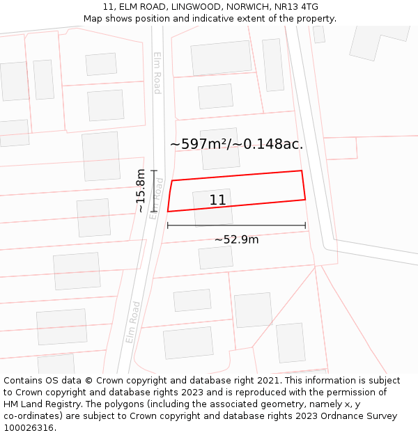 11, ELM ROAD, LINGWOOD, NORWICH, NR13 4TG: Plot and title map