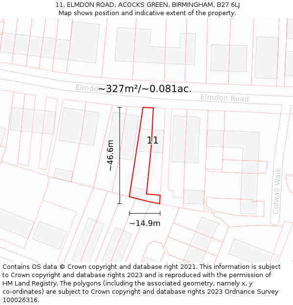 11, ELMDON ROAD, ACOCKS GREEN, BIRMINGHAM, B27 6LJ: Plot and title map