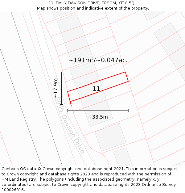 11, EMILY DAVISON DRIVE, EPSOM, KT18 5QH: Plot and title map