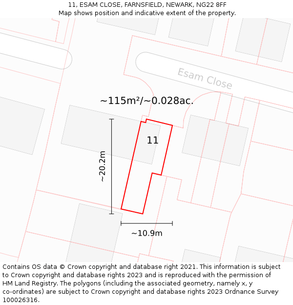 11, ESAM CLOSE, FARNSFIELD, NEWARK, NG22 8FF: Plot and title map