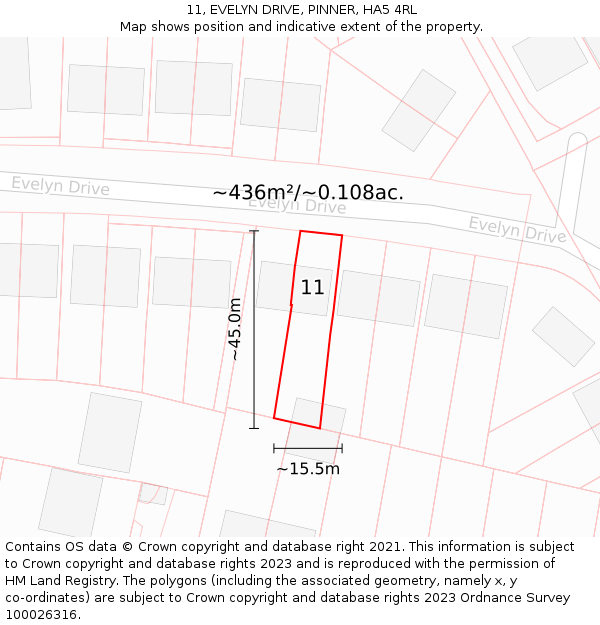 11, EVELYN DRIVE, PINNER, HA5 4RL: Plot and title map