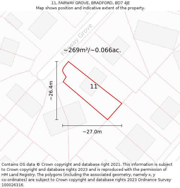 11, FAIRWAY GROVE, BRADFORD, BD7 4JE: Plot and title map