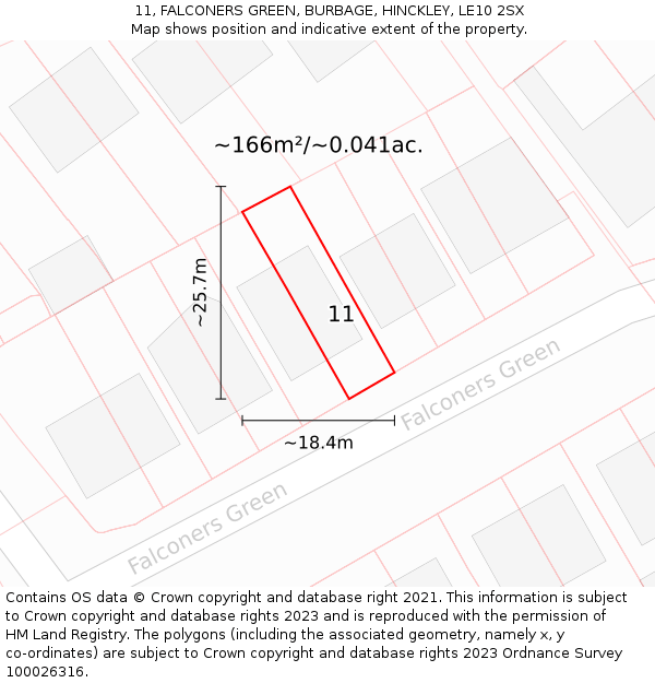 11, FALCONERS GREEN, BURBAGE, HINCKLEY, LE10 2SX: Plot and title map