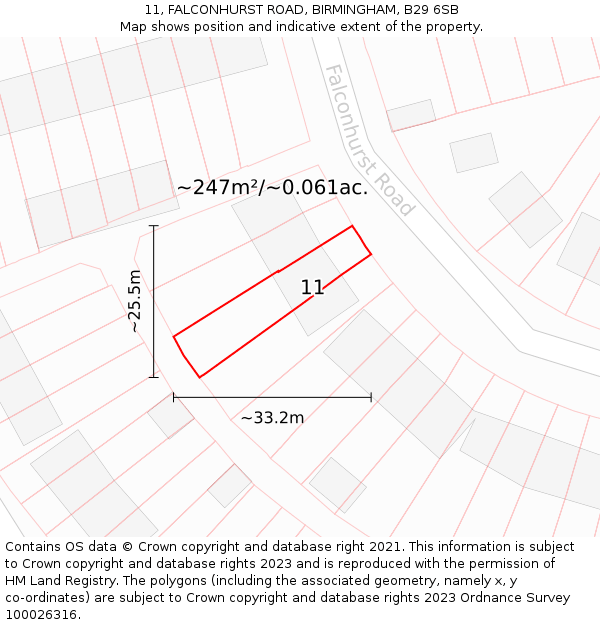 11, FALCONHURST ROAD, BIRMINGHAM, B29 6SB: Plot and title map