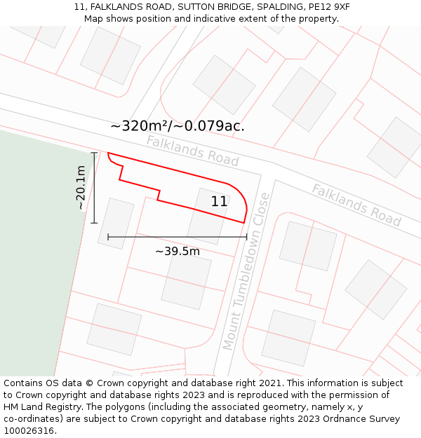 11, FALKLANDS ROAD, SUTTON BRIDGE, SPALDING, PE12 9XF: Plot and title map