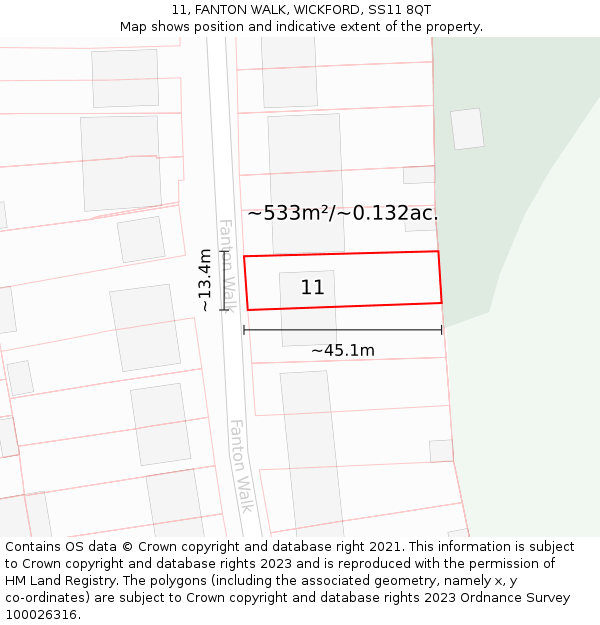 11, FANTON WALK, WICKFORD, SS11 8QT: Plot and title map