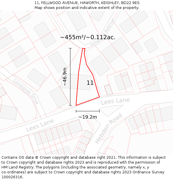 11, FELLWOOD AVENUE, HAWORTH, KEIGHLEY, BD22 9ES: Plot and title map