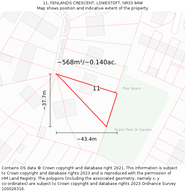 11, FENLANDS CRESCENT, LOWESTOFT, NR33 9AW: Plot and title map