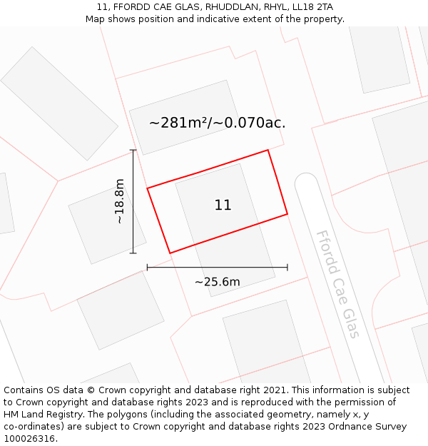 11, FFORDD CAE GLAS, RHUDDLAN, RHYL, LL18 2TA: Plot and title map