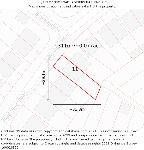 11, FIELD VIEW ROAD, POTTERS BAR, EN6 2LZ: Plot and title map