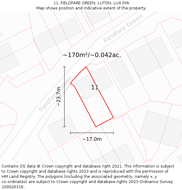 11, FIELDFARE GREEN, LUTON, LU4 0YA: Plot and title map