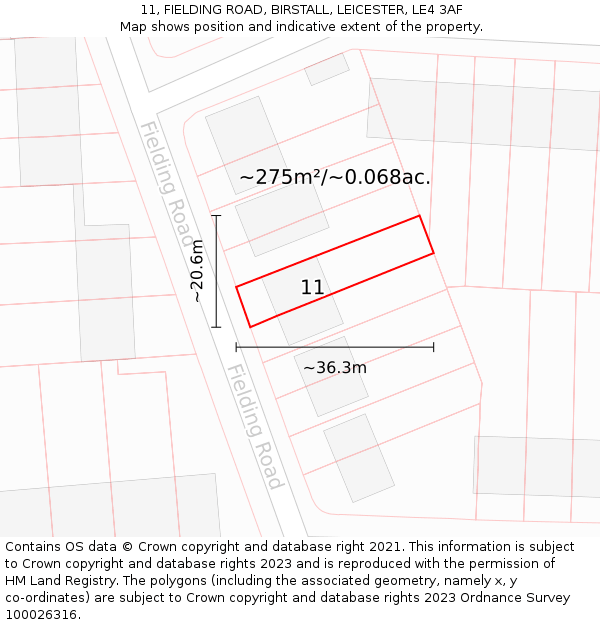 11, FIELDING ROAD, BIRSTALL, LEICESTER, LE4 3AF: Plot and title map