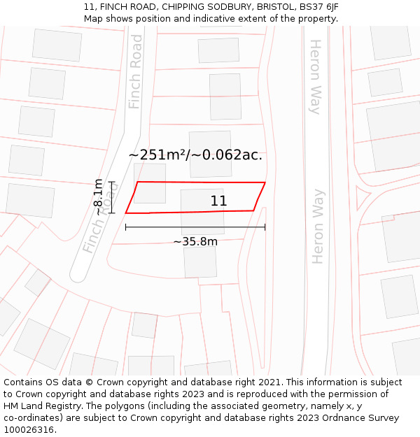 11, FINCH ROAD, CHIPPING SODBURY, BRISTOL, BS37 6JF: Plot and title map