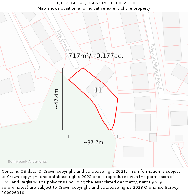 11, FIRS GROVE, BARNSTAPLE, EX32 8BX: Plot and title map